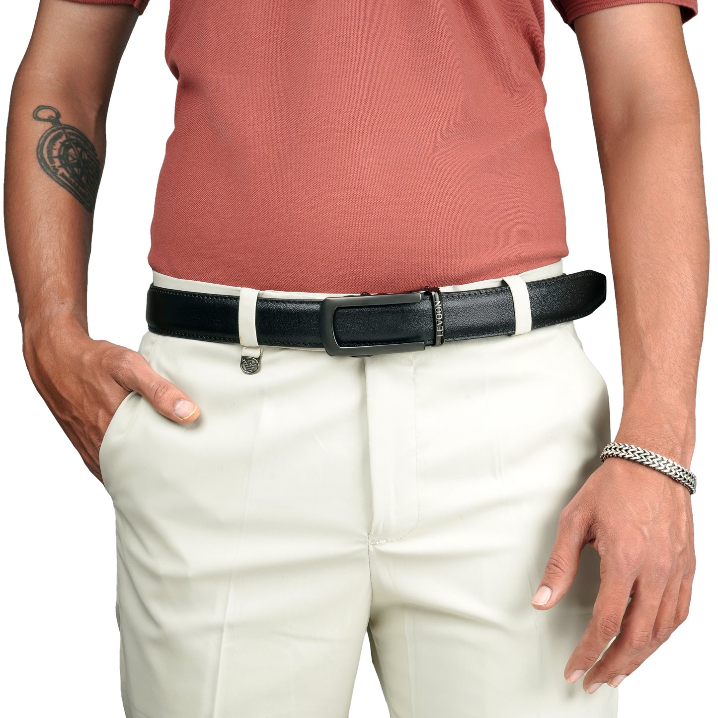 Levoon Black Leather Belt for Men with Classic buckle