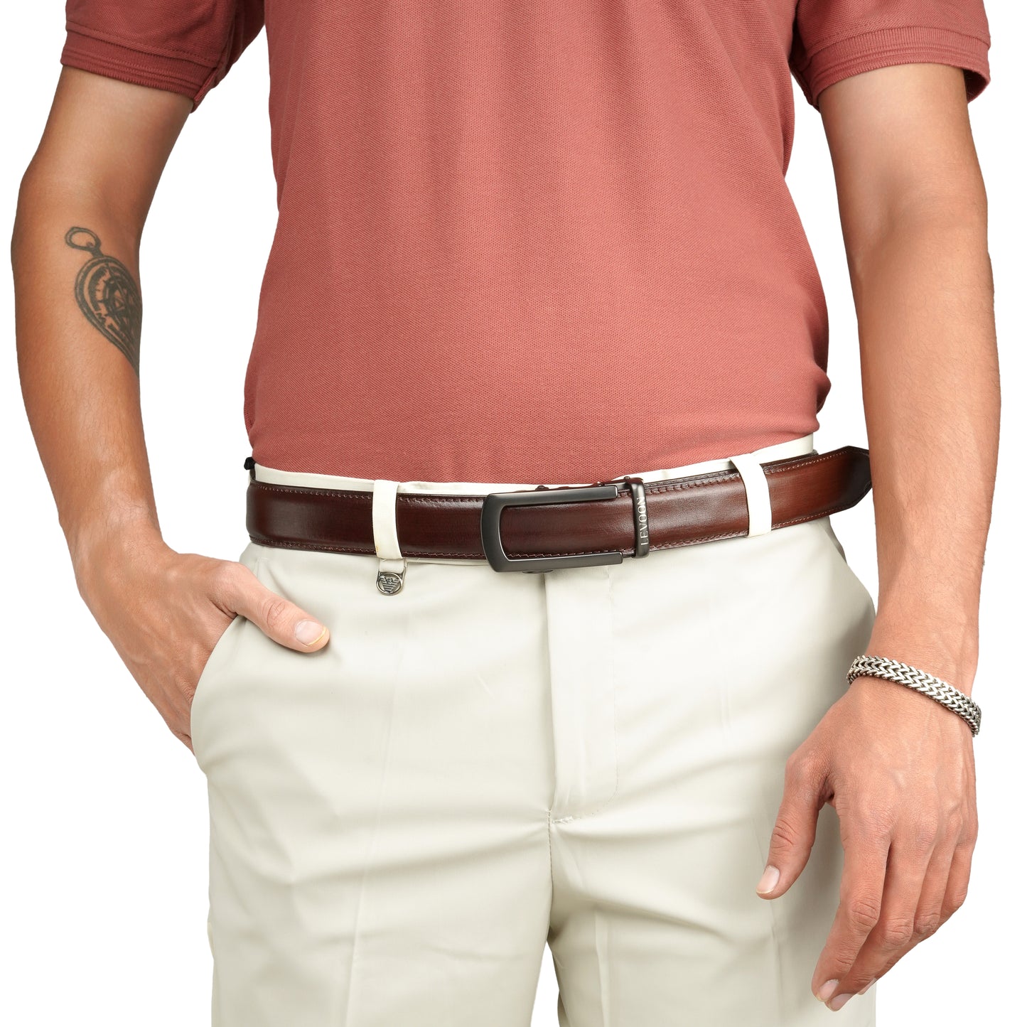 Levoon Coffee Brown Leather Belt for Men with Classic buckle