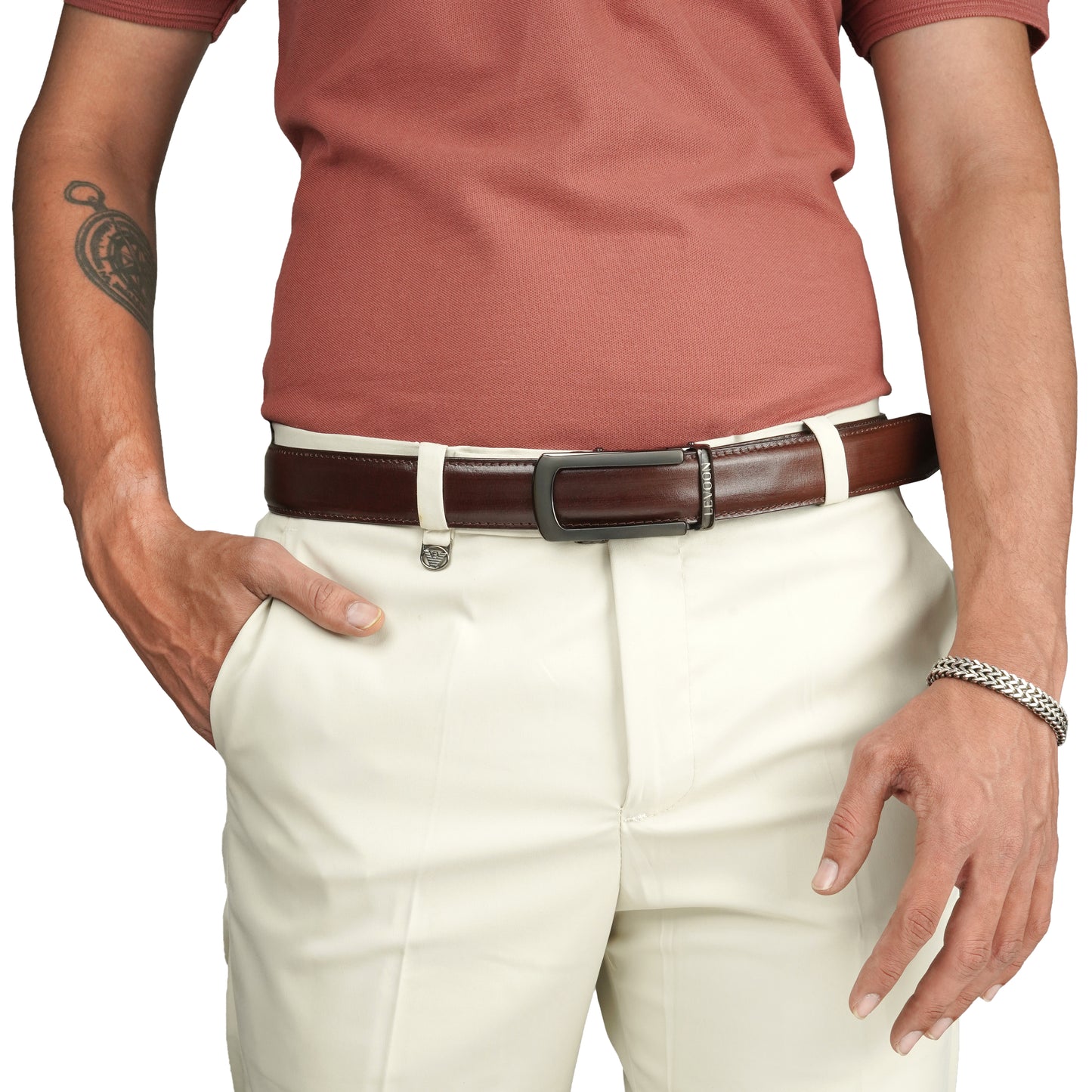Levoon Coffee Brown Leather Belt for Men with Classic buckle