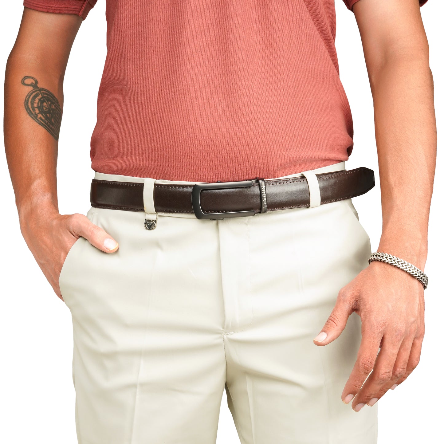 Levoon Dark Brown Leather Belt for Men with Classic buckle