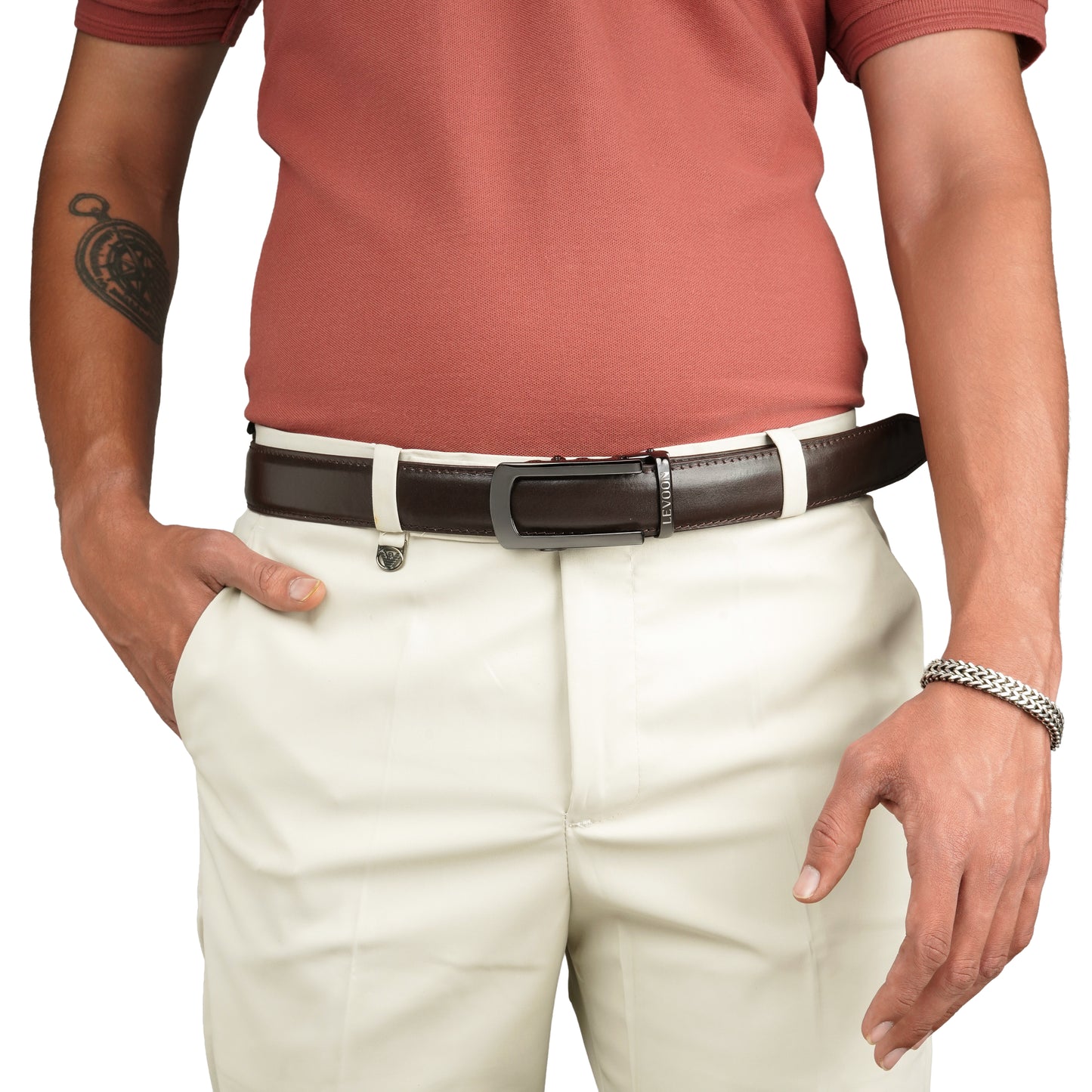 Levoon Dark Brown Leather Belt for Men with Classic buckle