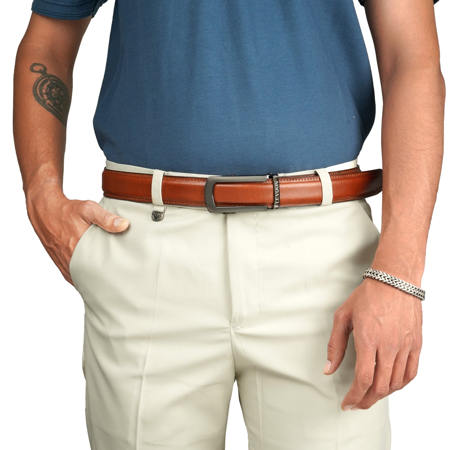 Levoon Tan Leather Belt for Men with Classic buckle