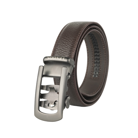 Levoon Textured Dark Brown Leather Belt for Men with Classic buckle