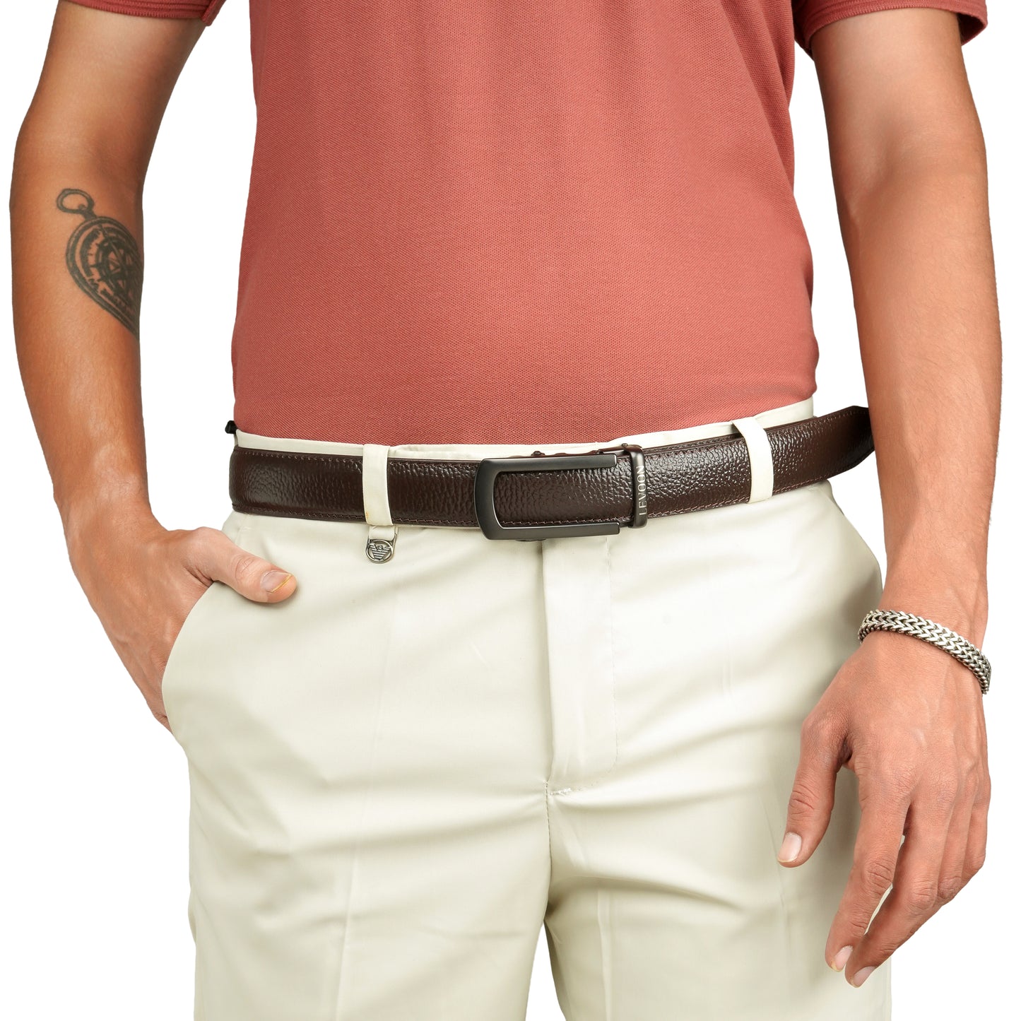 Levoon Textured Dark Brown Leather Belt for Men with Classic buckle