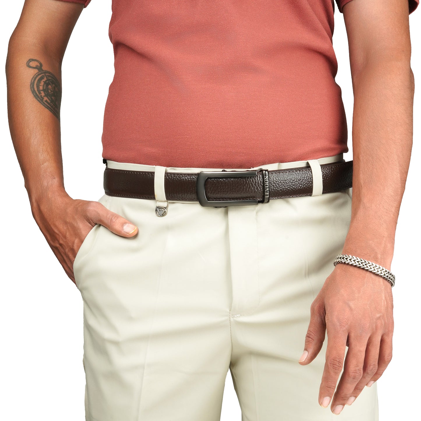 Levoon Textured Dark Brown Leather Belt for Men with Classic buckle